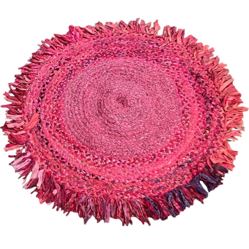 NWOT Handmade Braided Multi Color Block‎ Rag Rug With Fringe Round Rug, - Picture 10 of 12